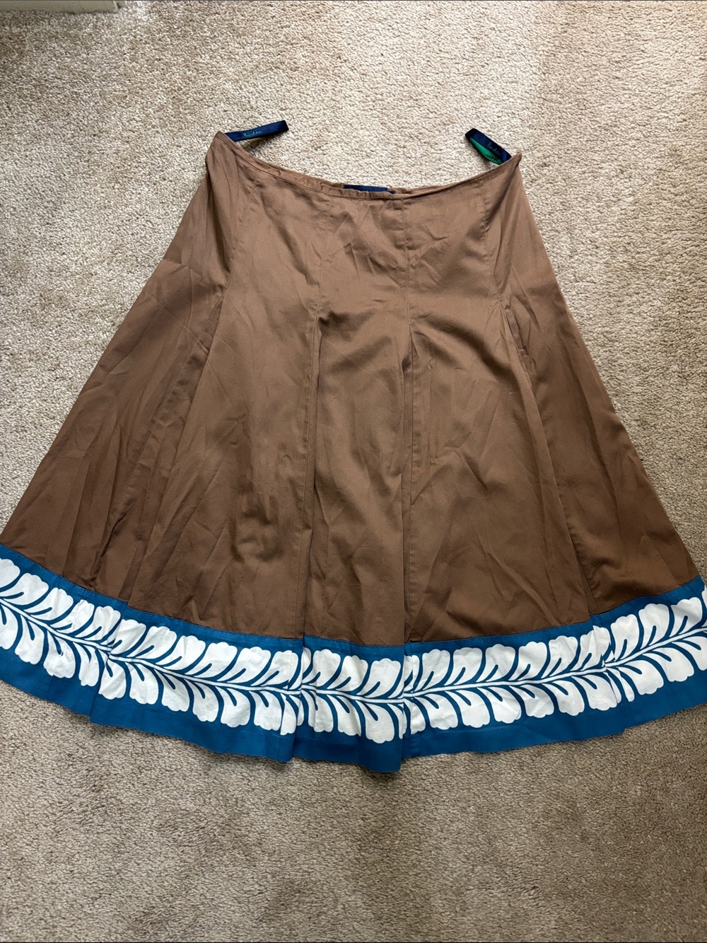 Boden Chocolate Brown Midi Skirt with Blue White Floral Hem 100% Cotton Size 12